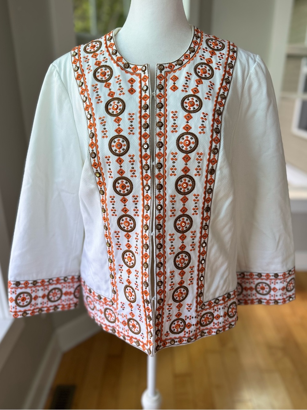 Victor Costa White Orange Embroidered Pique Cotton Jacket Size Medium